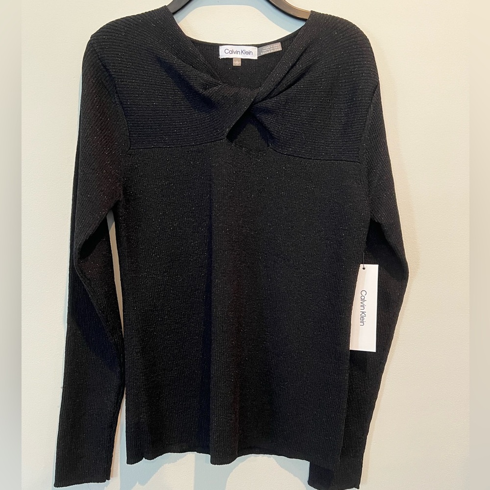 Calvin Klein Sparkly black knit sweater NEW size Small knot keyhole